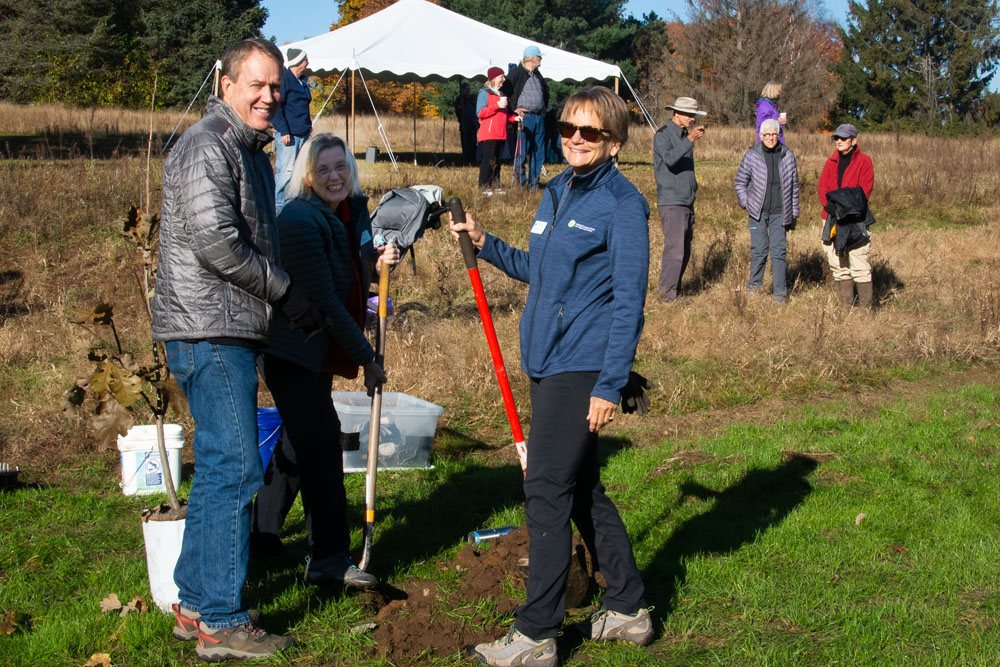 Board members John Scholtz, Elise Tripp, and Cindy Angerer plant trees near the stream daylighting project at The Highlands
